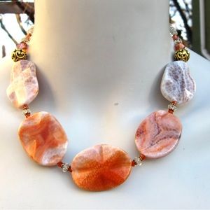 Fire Agate Statement Necklace, Big Bold Chunky, Orange Stone